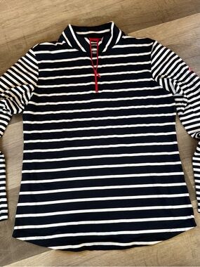 IBKUL Navy and White Striped Long Sleeve Quarter-Zip Top with Red Trim